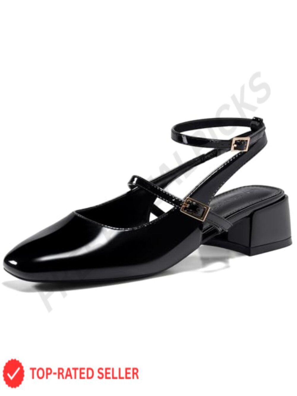 Coutgo Women's Mary Jane Chunky Low Heels Faux Leather Square Toe Ankle Strap